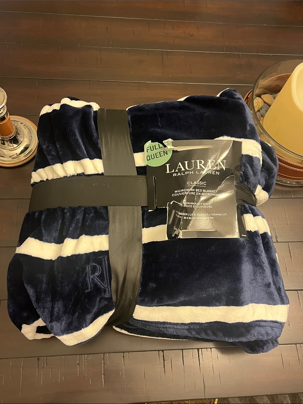 Ralph Lauren Micromink Full / Queen Bed Blanket Blue White Stripes new